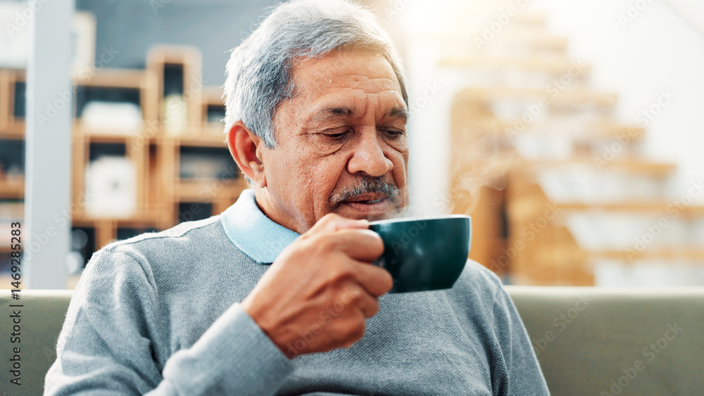 Relax, drinking and senior man with coffee on sofa for calm, peace and morning routine. Happy, cappuccino and elderly male person enjoying cup of tea on couch in living room at retirement home. Relax, drinking and senior man with coffee on sofa for calm, peace and morning routine. Happy, cappuccino and elderly male person enjoying cup of tea on couch in living room at retirement home.