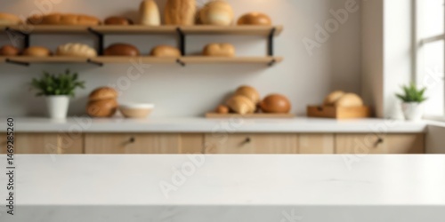 Wallpaper Mural Empty kitchen counter with blurred background of wooden shelves filled with various baked goods and indoor plants Torontodigital.ca