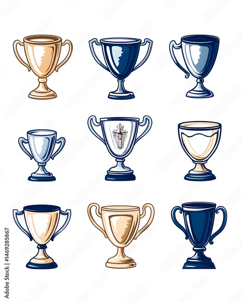 Nine diverse trophy designs in various metallic finishes Nine diverse trophy designs in various metallic finishes