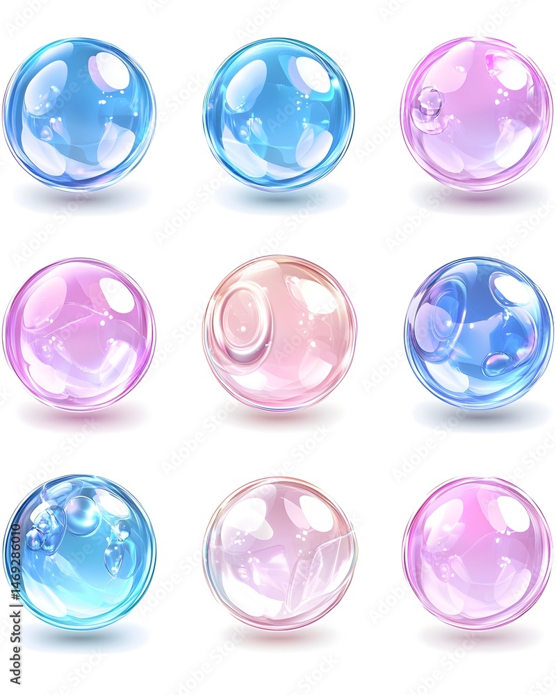 Nine translucent spheres in shades of blue and pink with subtle shadows Nine translucent spheres in shades of blue and pink with subtle shadows