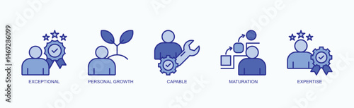 Elevated Potential Icon Set Isolated Vector With Icon Of Exceptional, Personal Growth, Capable, Maturation, Expertise In Blue Style