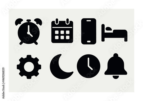 Time management and schedule icons set – solid, filled, calendar and alarm symbols