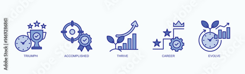 Success Journey Icon Set Isolated Vector With Icon Of Triumph, Accomplished, Thrive, Career, Evolve In Blue Style