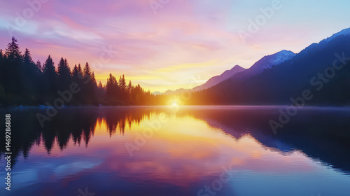 Wallpaper Mural Serene landscape featuring tranquil lake reflecting vibrant colors of sunset, surrounded by mountains and pine trees Torontodigital.ca