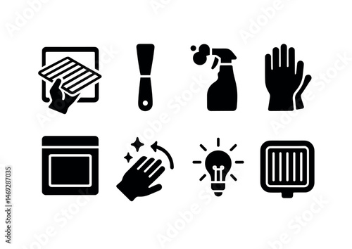 Cleaning and hygiene solid icons set – filled, household, maintenance symbols