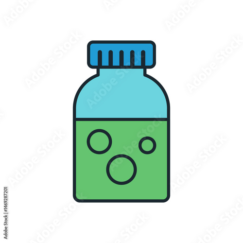 Cartoon Medical Bottle Illustration in Bright Blue and Green Colors with Bubble Detail