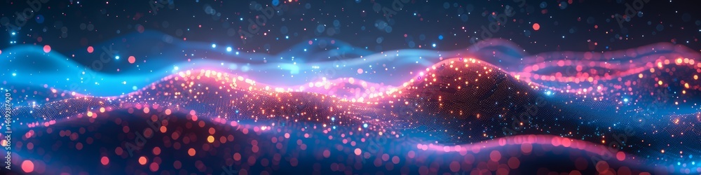 Fototapeta premium Premium wide-format visualization of blockchain technology network featuring a flowing digital mesh structure with glowing purple and pink connections. This is AI Generated LinkedIn banner