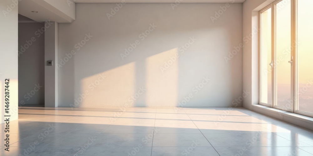 Obraz premium Empty Room with Sunlight Streaming Through Large Window and Light Grey Floor Tiles