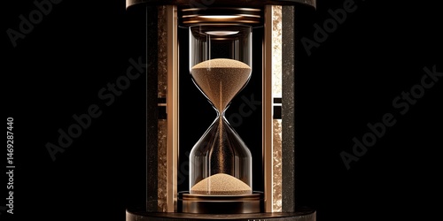A golden hourglass with sand flowing through its chambers, isolated on a black background photo