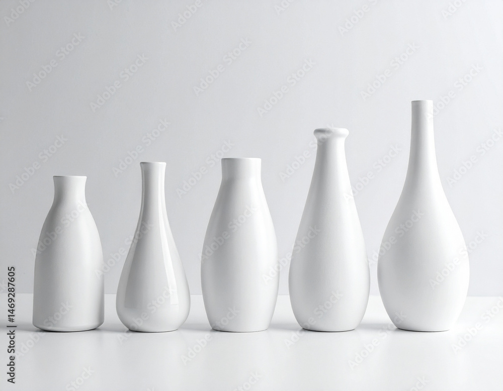 White vases on studio background, still life scene White vases on studio background, still life scene