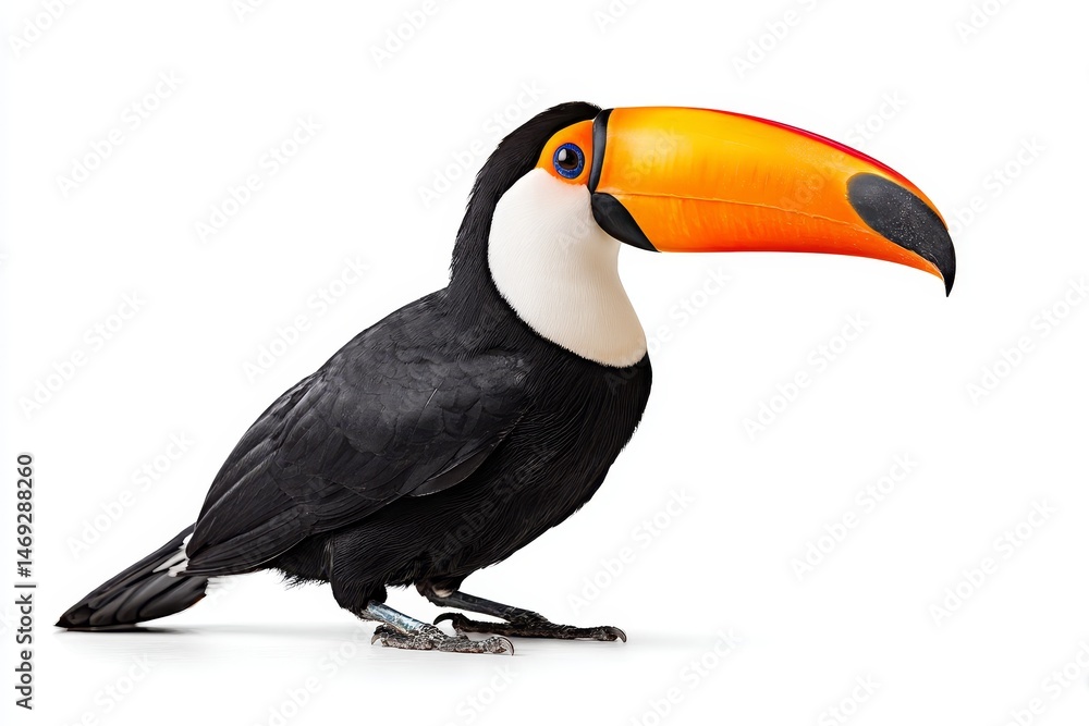 Naklejka premium Toucan Bird Clipart on White Background - Vibrant toucan, exotic bird, large beak, tropical wildlife, jungle bird. Symbolizing vibrancy, the tropics, freedom, beauty, and nature