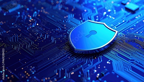 A digital shield symbolizing cybersecurity protection over a blue circuit board background, representing technology and data security