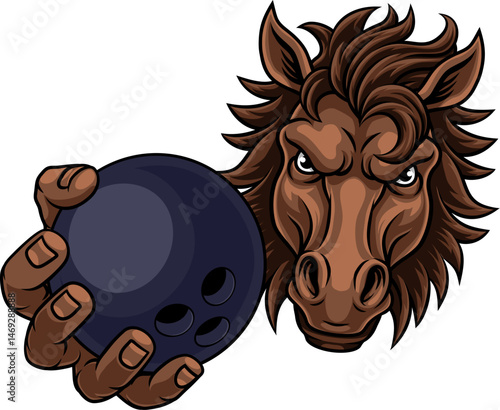 Horse mustang bronco stallion angry bowling sports team mascot holding a ball.
