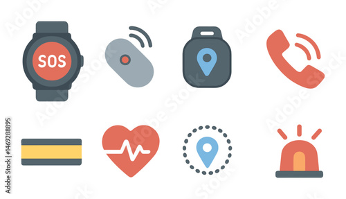Emergency alert flat icons set – sos, safety and urgent response symbols