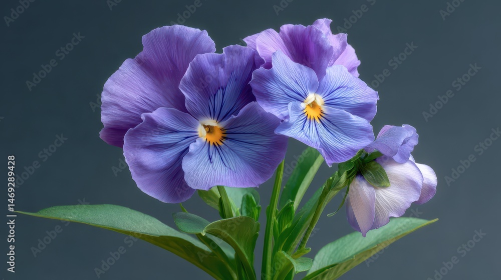 Fototapeta premium Close up shot of vibrant purple pansies blossoms with detailed petals and leaves against a muted grey background