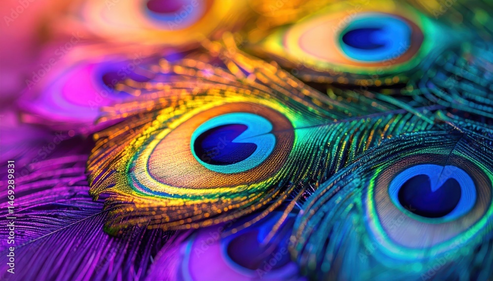 Fototapeta premium Vibrant peacock feathers display iridescent colors and intricate patterns, showcasing nature’s artistry in stunning detail