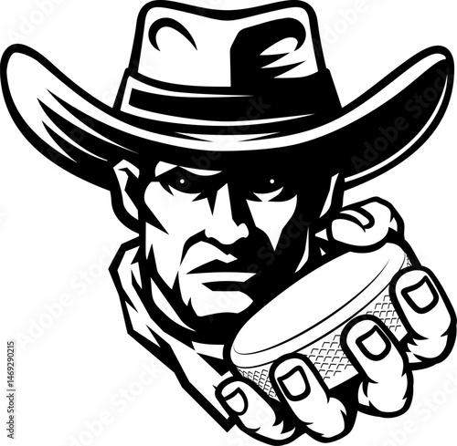 Cowboy man cowboys ice hockey sports team mascot holding hockey puck
