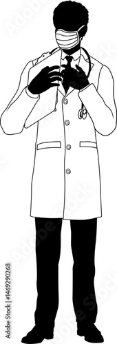Silhouette doctor man medical healthcare person. In a lab coat and PPE mask holding a clipboard.