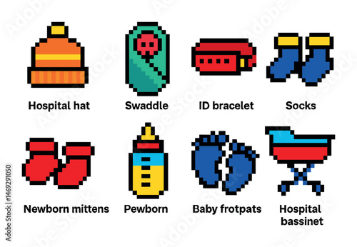 Newborn essentials pixel art icons set – colorful, baby care, digital style symbols