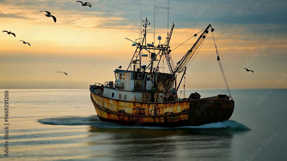 Fishing trawler boat speeding across the calm ocean during golden hour, cinematic maritime scene, professional stock photo. Fishing trawler boat speeding across the calm ocean during golden hour, cinematic maritime scene, professional stock photo.