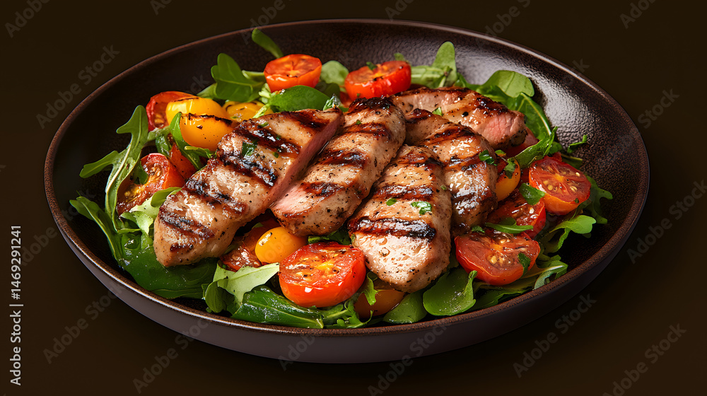 Plate of grilled pork tenderloin pieces served over a bed of fresh greens and cherry tomatoes. The dish appears appetizing and healthy. Plate of grilled pork tenderloin pieces served over a bed of fresh greens and cherry tomatoes. The dish appears appetizing and healthy.