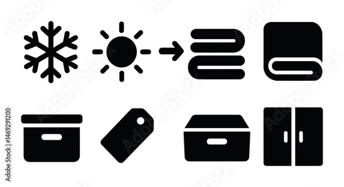 Storage and organization solid icons set – flat, filled, home and office symbols