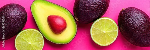 Freshly sliced avocado and lime on a vibrant pink backdrop creating a visual feast of colors showcasing healthy eating and culinary delight captured with clarity