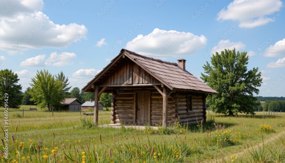 Charming Wooden Cabin Surrounded by Wildflowers Under a Blue Sky with Fluffy Clouds Charming Wooden Cabin Surrounded by Wildflowers Under a Blue Sky with Fluffy Clouds