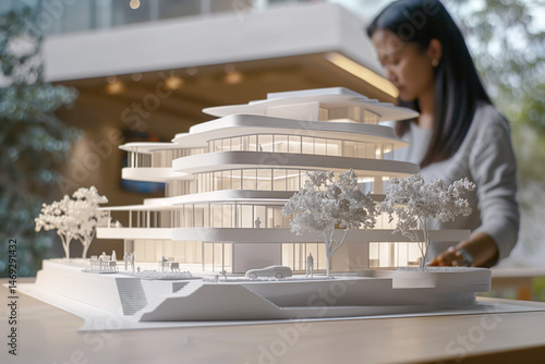 Architect Examining 3D Printed Scale Model Of Futuristic Modern House Design On Worktable