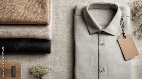 Obraz na płótnie Folded Shirts With Tags Displayed on a Neutral Fabric Background Creating a Stylish and Minimalist Flatlay Presentation Generative AI w salonie