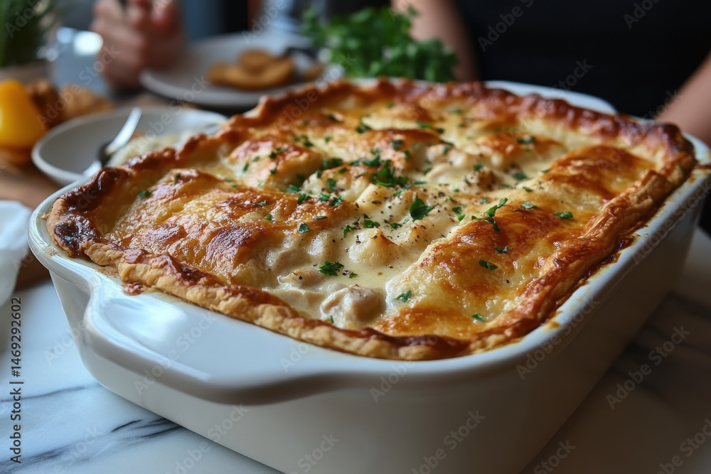 Plate of steaming pasta on table with person in background. Plate of steaming pasta on table with person in background.