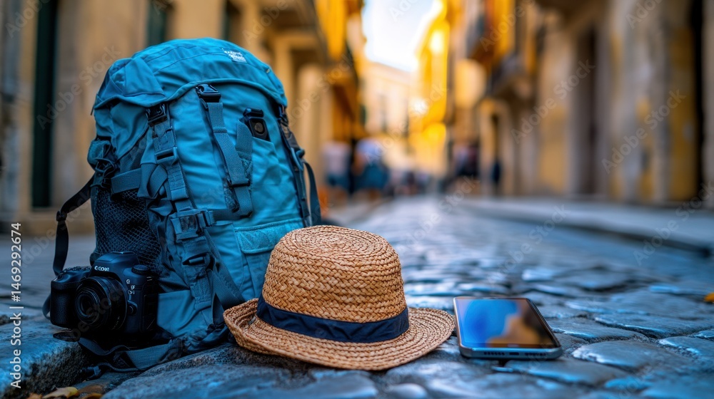 Obraz premium Ready for adventure Pack, hat, phone on cobblestone road