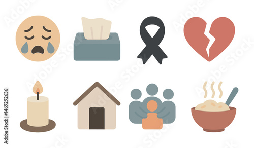 Grief and loss silhouette icons set – mourning, comfort, emotional support symbols