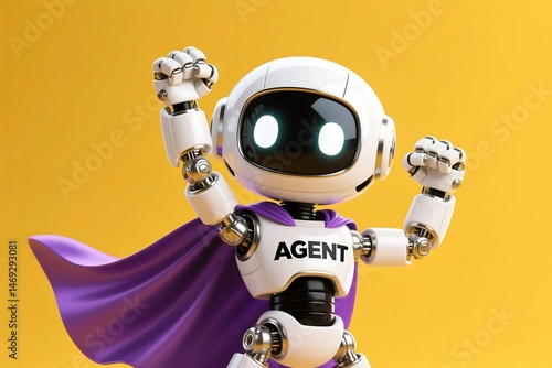 Futuristic Agent Robot Wearing Purple Cape Celebrating Achievement On A Yellow Background