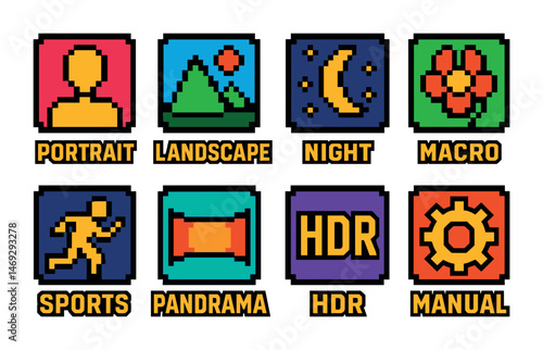 Photography pixel art icons set – retro, 8-bit, camera and photo elements
