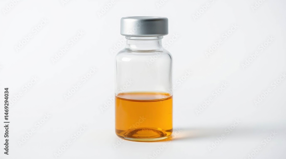 Amber Liquid in Glass Vial with Silver Cap on White Background Amber Liquid in Glass Vial with Silver Cap on White Background