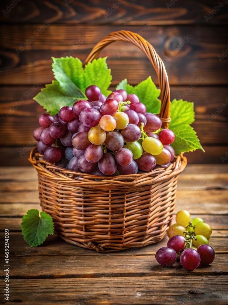 Fresh grapes arranged in a wicker basket on a wooden table Fresh grapes arranged in a wicker basket on a wooden table