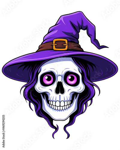 Witch skull with a crooked purple hat, bubbling cauldron eyes, and flying bats around, spooky-cute sticker Halloween design