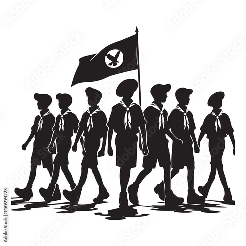 Black silhouette of school kids marching in scout uniforms, clear and dynamic on a white background 