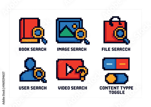 Search functionality pixel art icons set – search tools and resources in retro style