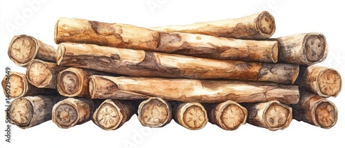 Stacked logs depicted in a watercolor style.