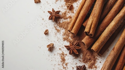 Fototapeta Naklejka Na Ścianę i Meble -  Aromatic cinnamon sticks and spice powder on a light background.
