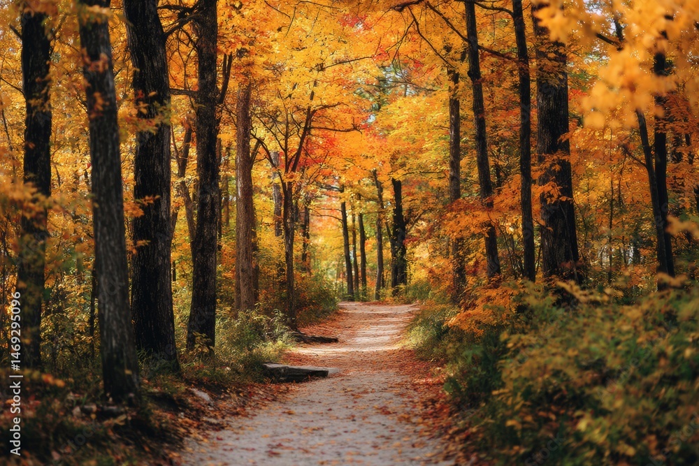 Winding Forest Path Through Vibrant Autumn Colors Under a Clear Sky Signaling the Change of Season Generative AI