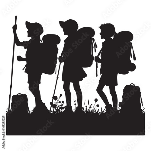 Black silhouette of school kids marching in scout uniforms, clear and dynamic on a white background 