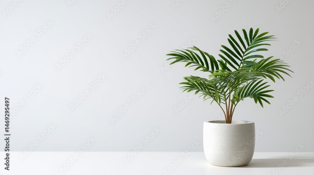 Fototapeta premium Small palm-like houseplant in white pot on white background