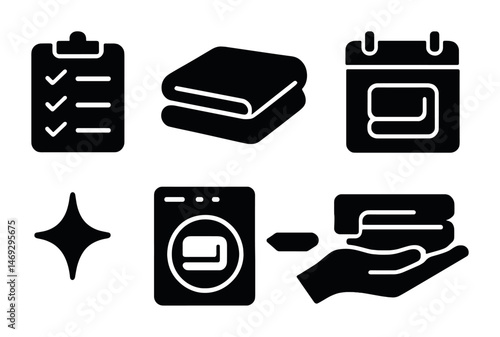 Laundry and cleaning solid icons set – silhouette, washing, housekeeping symbols
