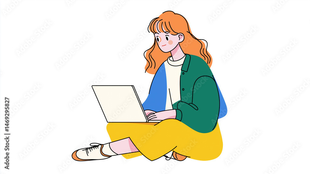 落ち着いた服装でノートパソコンに向かう女性のイラスト/丁寧に情報を届ける案内やサポート系コンテンツに最適な、やさしい色調と空間を意識したストック素材 落ち着いた服装でノートパソコンに向かう女性のイラスト/丁寧に情報を届ける案内やサポート系コンテンツに最適な、やさしい色調と空間を意識したストック素材