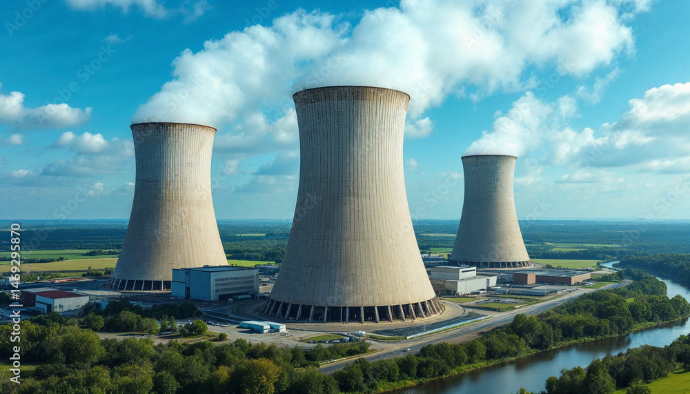 aerial view of nuclear power plant with cooling towers, green landscape. aerial view of nuclear power plant with cooling towers, green landscape.