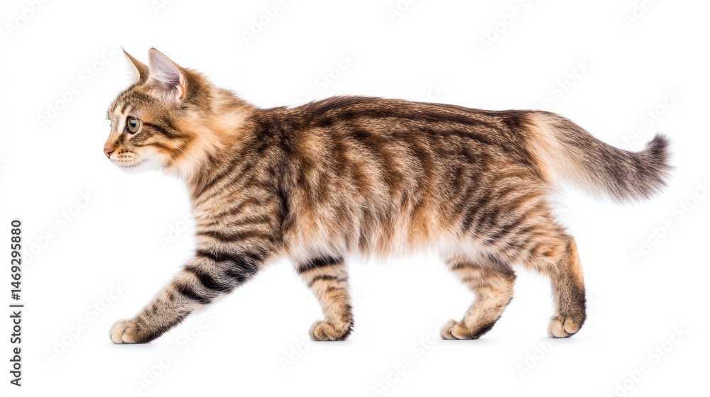 Obraz premium Norwegian Forest Cat Kitten Walking Profile - Adorable Norwegian Forest cat kitten, isolated on white, showcasing elegance, grace, and playful energy. Symbolising: feline beauty, wildness