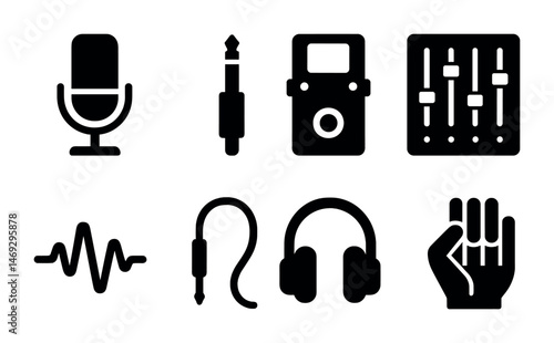 Music and audio solid icons set – filled, sound and recording equipment symbols